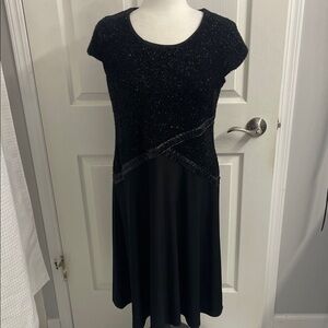 Elegant Sparkly Black A Line Dress Short Sleeves Round Neck Faux Leather Sz M